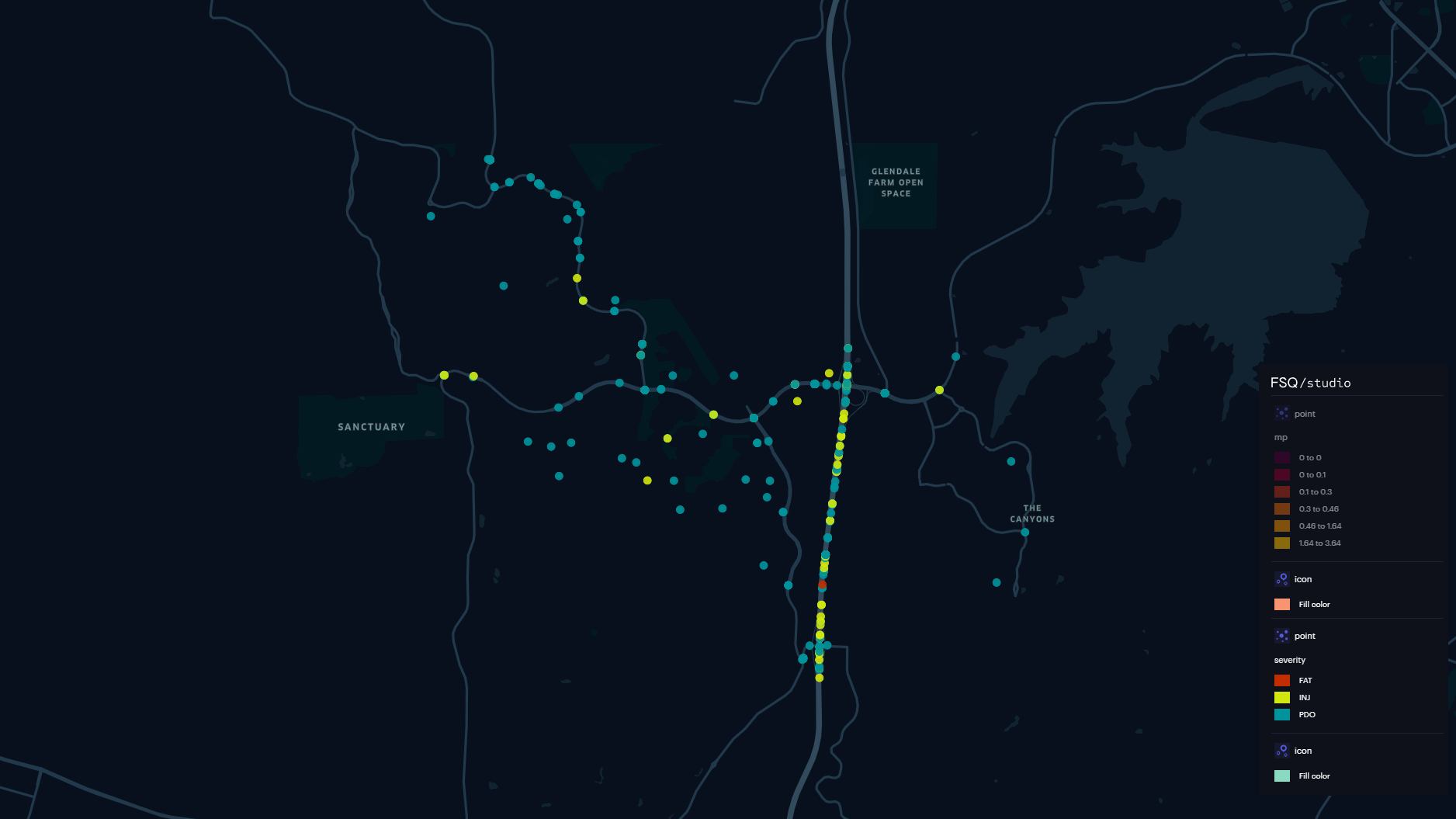 Crash Severity and Frequency Map A dark-themed map visualization showing crash locations marked by points with different colors indicating crash frequency and severity along roadways in the study area.